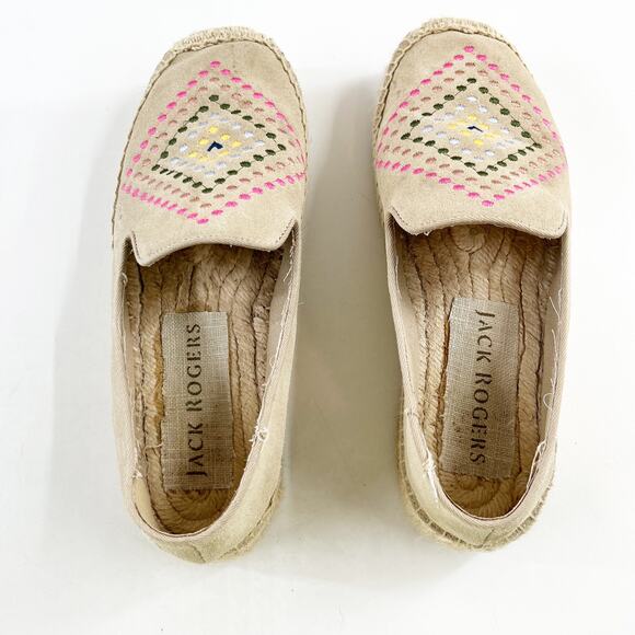 Jack Rogers Luna Suede Embroidery Slip On Flat Espadrilles Shoes Sand 7.5 - Picture 2 of 8